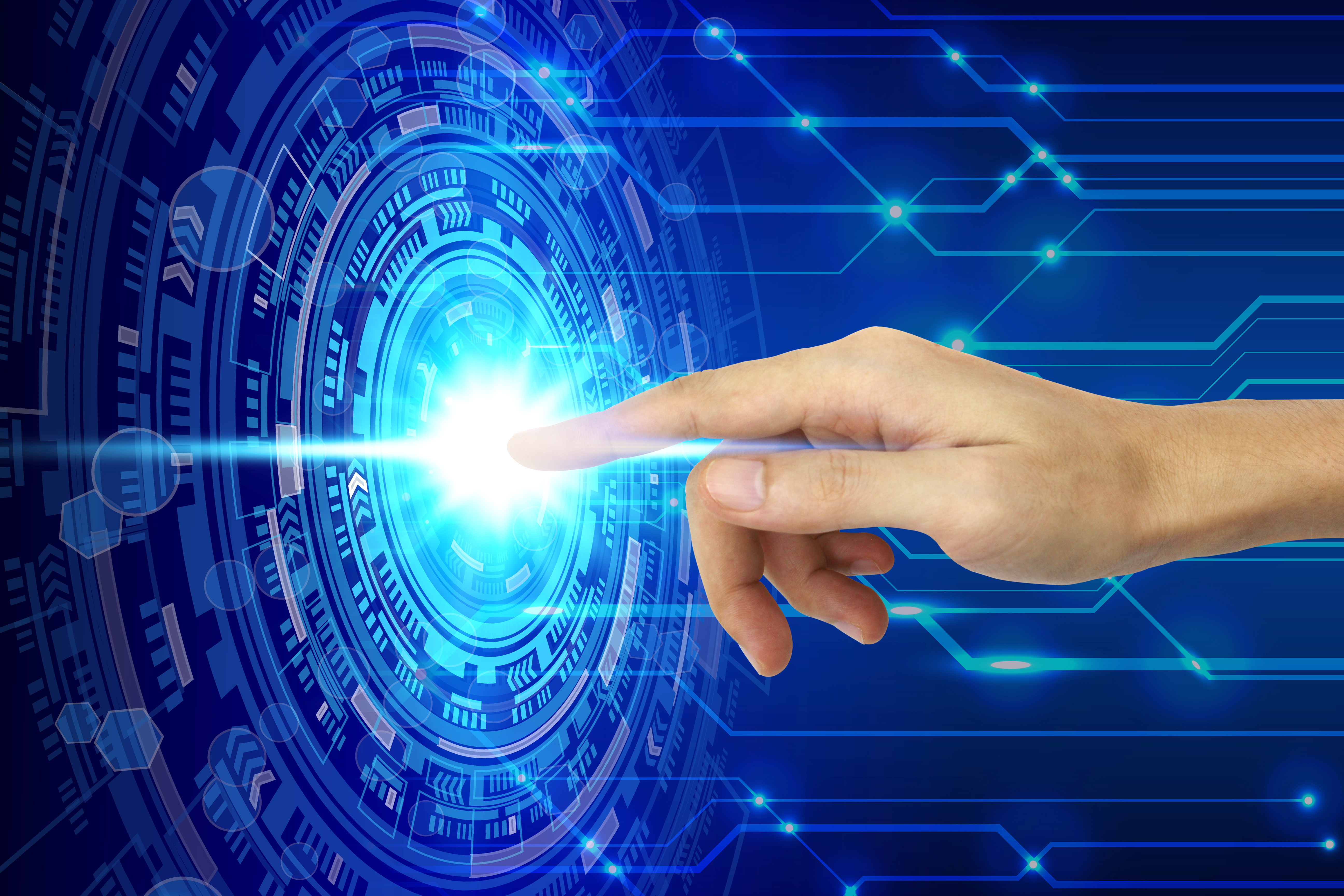 hand touching virtual screen technology, Artificial Intelligence Technology Concept.